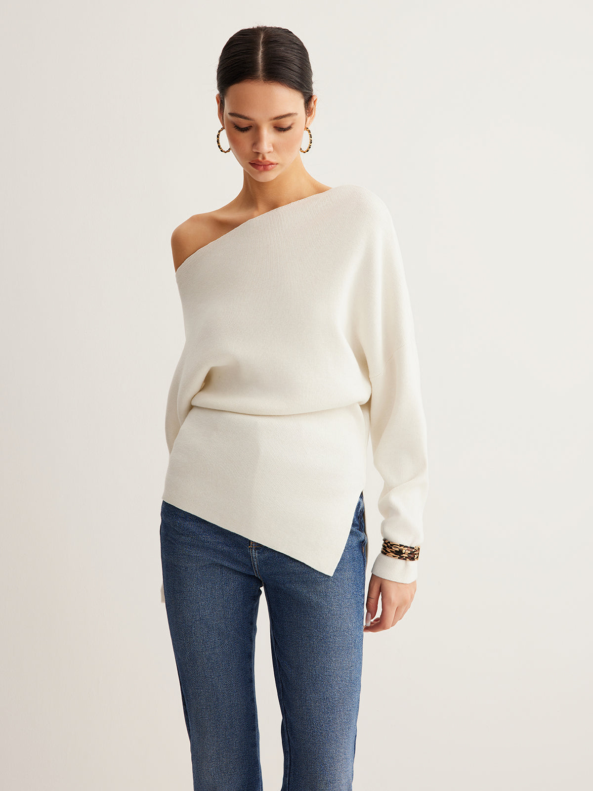 Ella - Wool-Blend Asymmetrical Neck Knit Top
