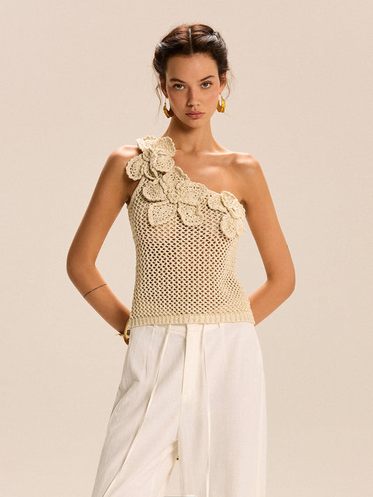 Scarlett - One-Shoulder Floral Crochet Knit Top