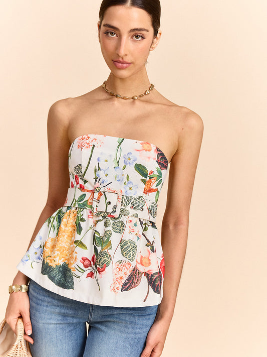 Hazel - Floral Print Strapless Peplum Top With Belt