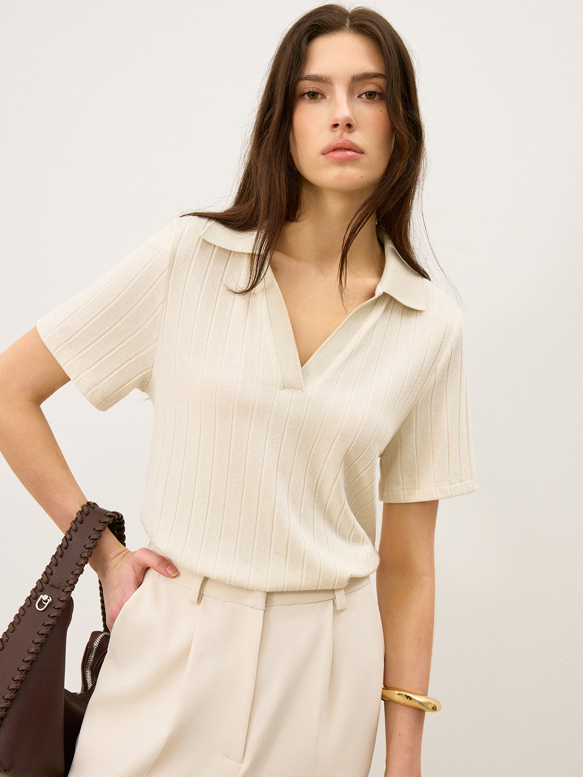 Victoria - Ribbed Polo-Neck Knit Top