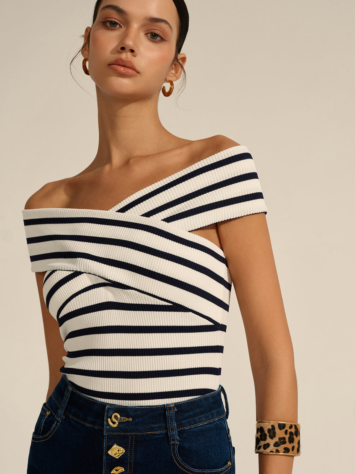 Mia - Striped Off-Shoulder Cross Knit Top