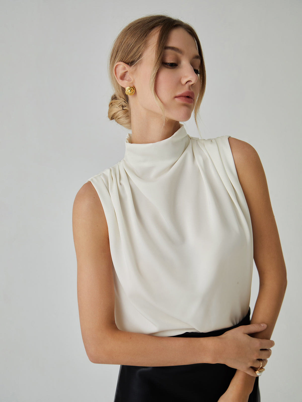 Penelope - Pleated High Neck Sleeveless Blouse