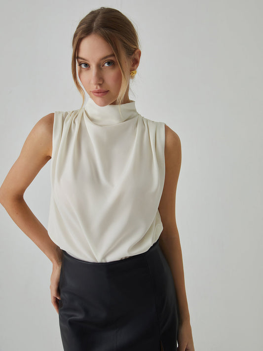 Penelope - Pleated High Neck Sleeveless Blouse