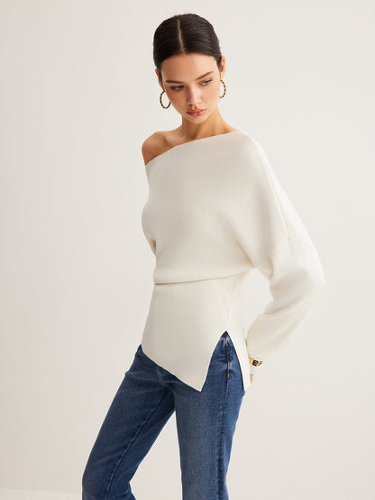 Ella - Wool-Blend Asymmetrical Neck Knit Top