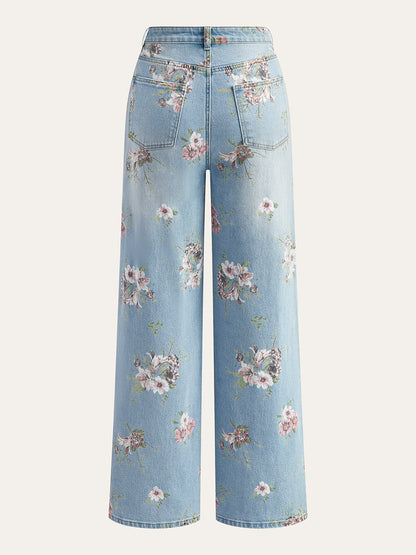 Claire - Floral Print Mid-Waist Denim Pants