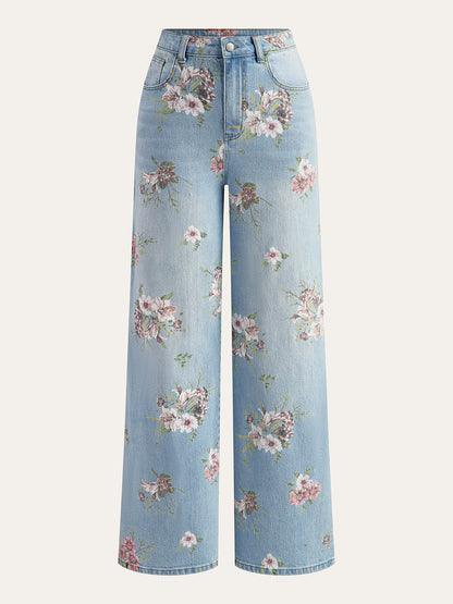 Claire - Floral Print Mid-Waist Denim Pants