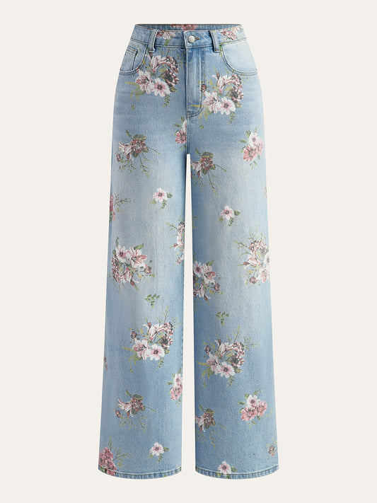 Claire - Floral Print Mid-Waist Denim Pants