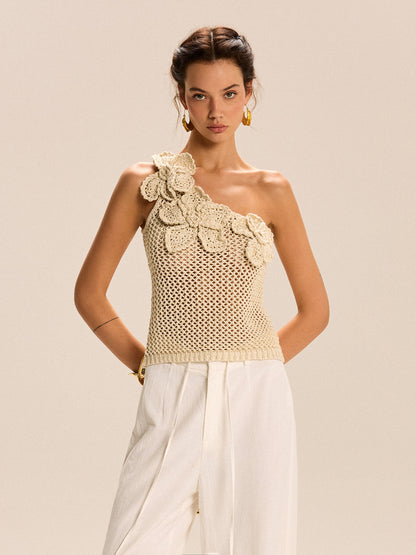 Scarlett - One-Shoulder Floral Crochet Knit Top
