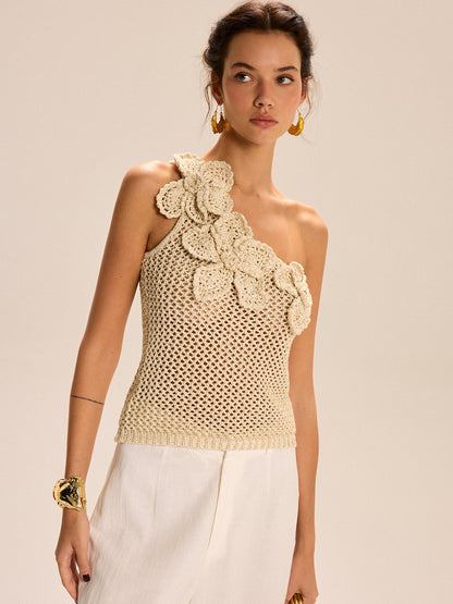 Scarlett - One-Shoulder Floral Crochet Knit Top