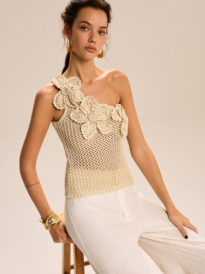 Scarlett - One-Shoulder Floral Crochet Knit Top
