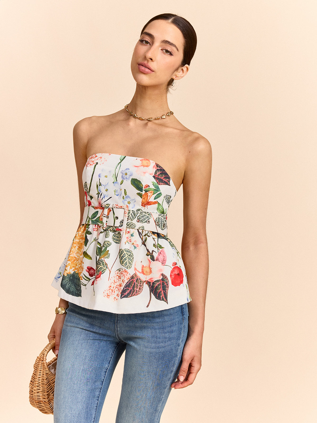 Hazel - Floral Print Strapless Peplum Top With Belt