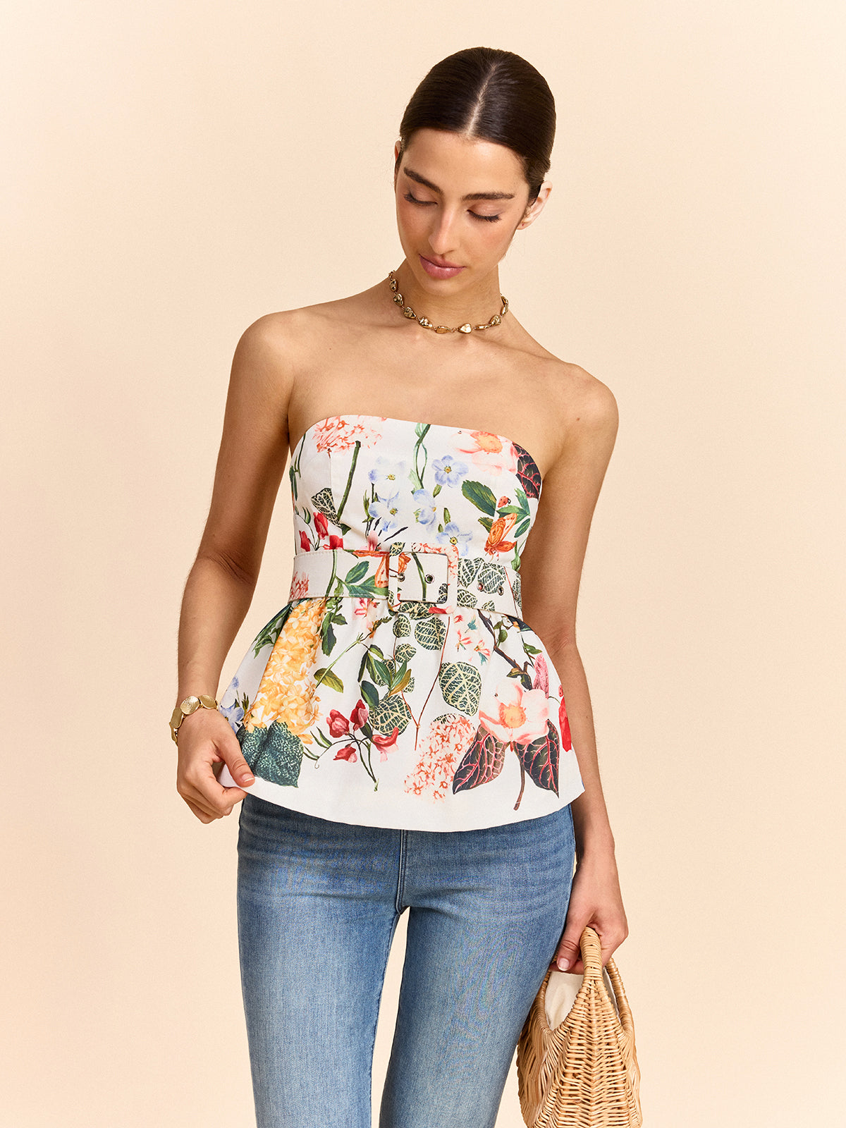 Hazel - Floral Print Strapless Peplum Top With Belt