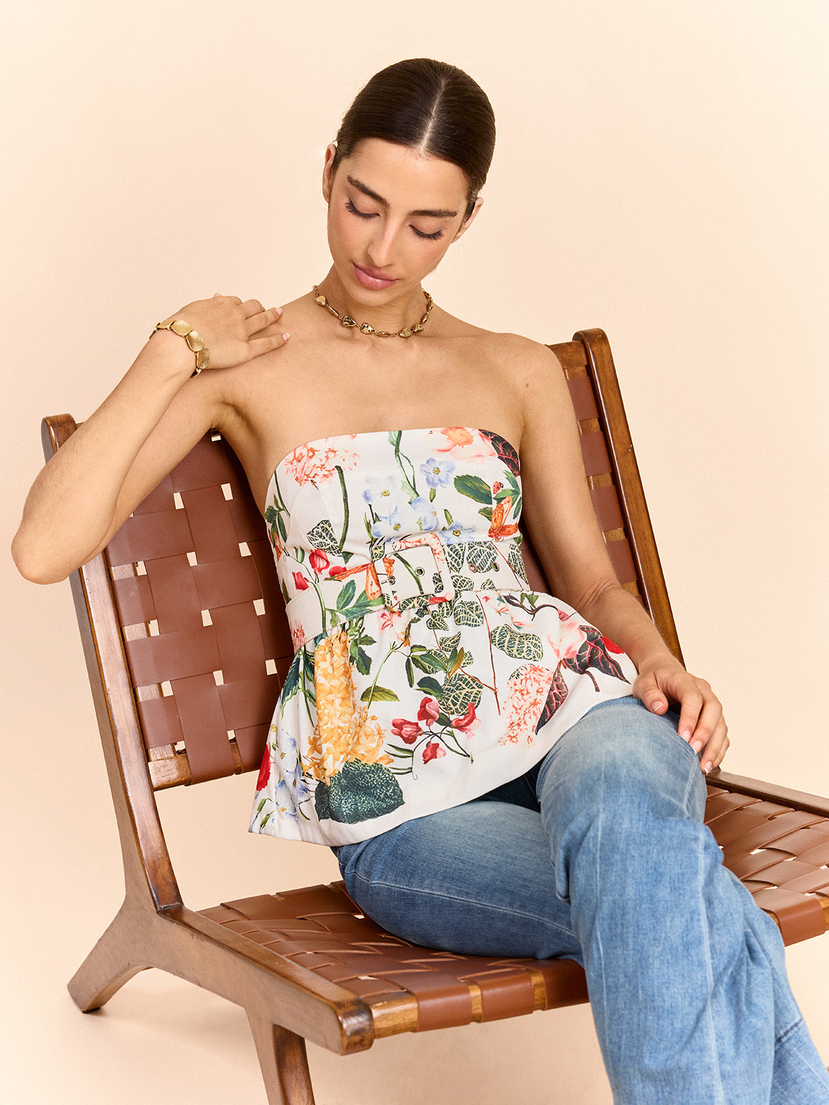 Hazel - Floral Print Strapless Peplum Top With Belt