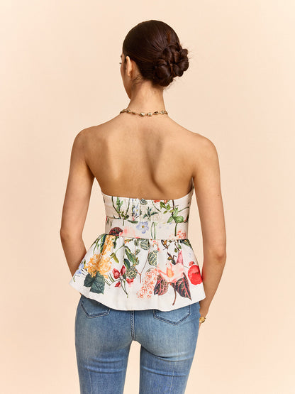 Hazel - Floral Print Strapless Peplum Top With Belt
