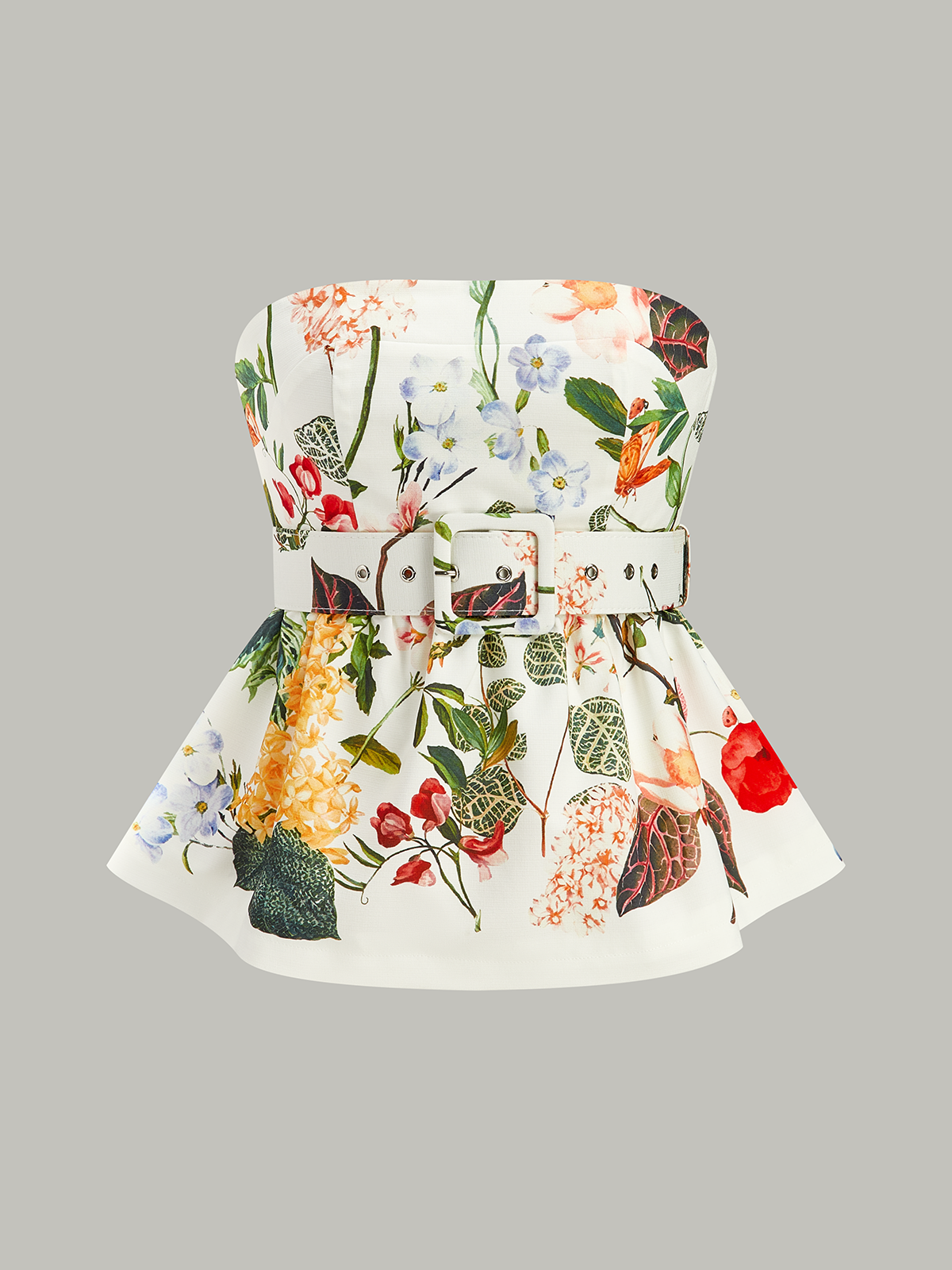 Hazel - Floral Print Strapless Peplum Top With Belt