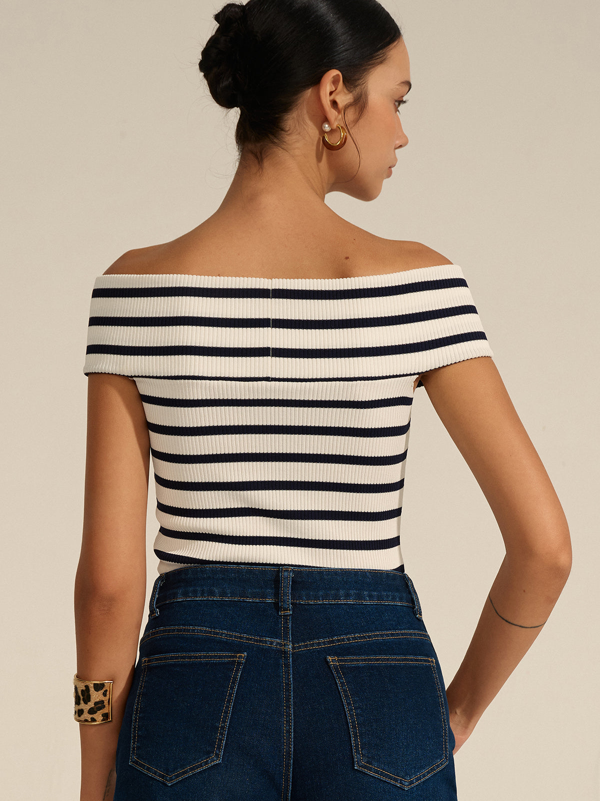 Mia - Striped Off-Shoulder Cross Knit Top