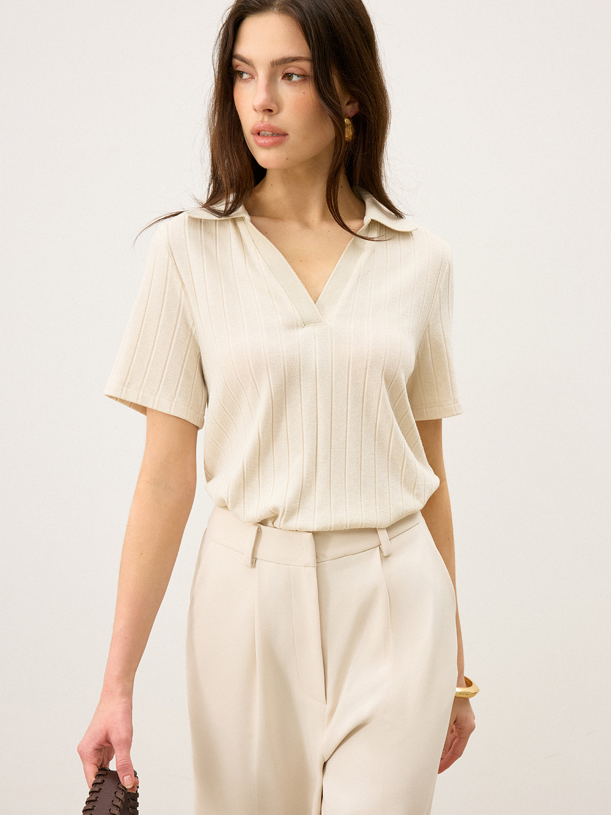 Victoria - Ribbed Polo-Neck Knit Top