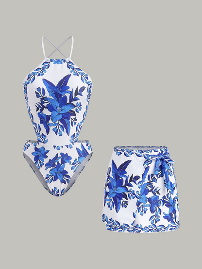 Olivia - Floral Print Back Tie One-Piece Swimsuit With Cover-Up Skirt
