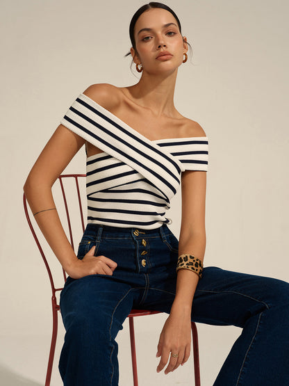 Mia - Striped Off-Shoulder Cross Knit Top