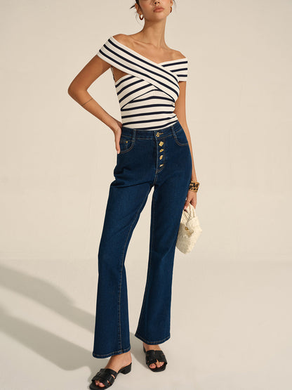 Mia - Striped Off-Shoulder Cross Knit Top