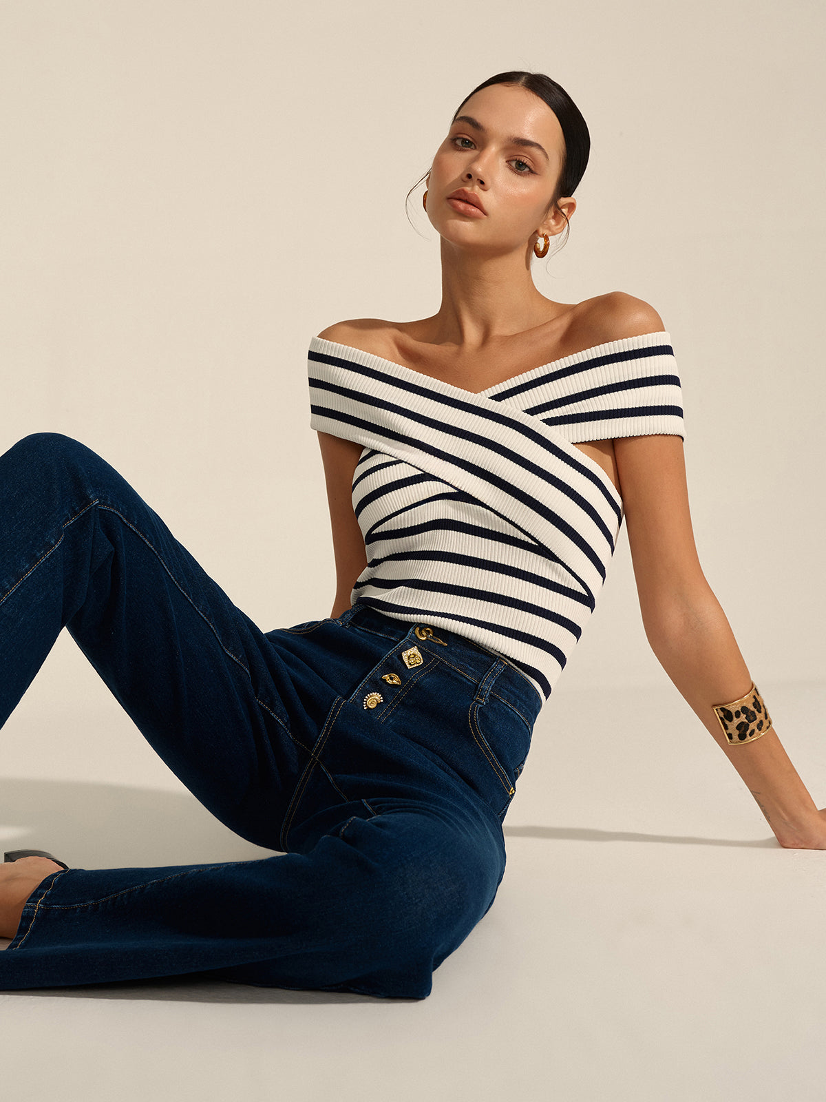 Mia - Striped Off-Shoulder Cross Knit Top