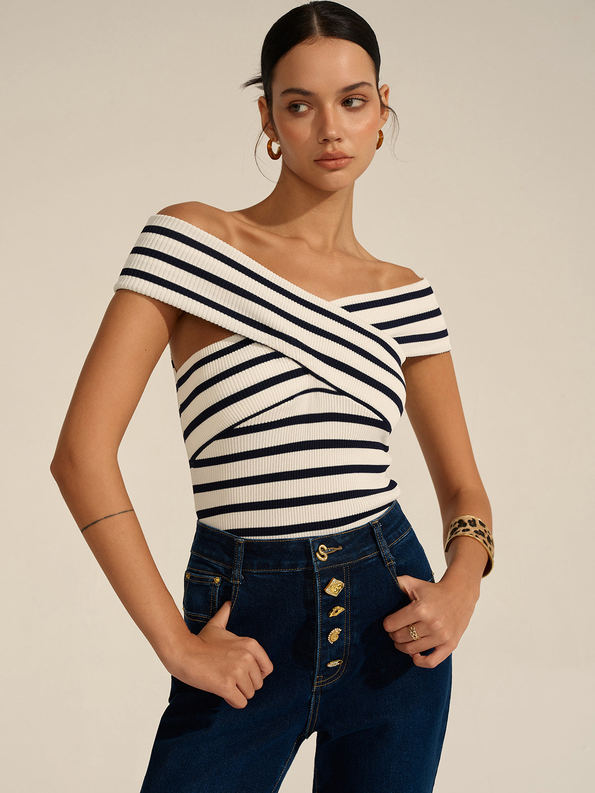 Mia - Striped Off-Shoulder Cross Knit Top