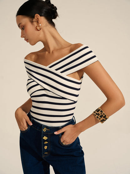 Mia - Striped Off-Shoulder Cross Knit Top