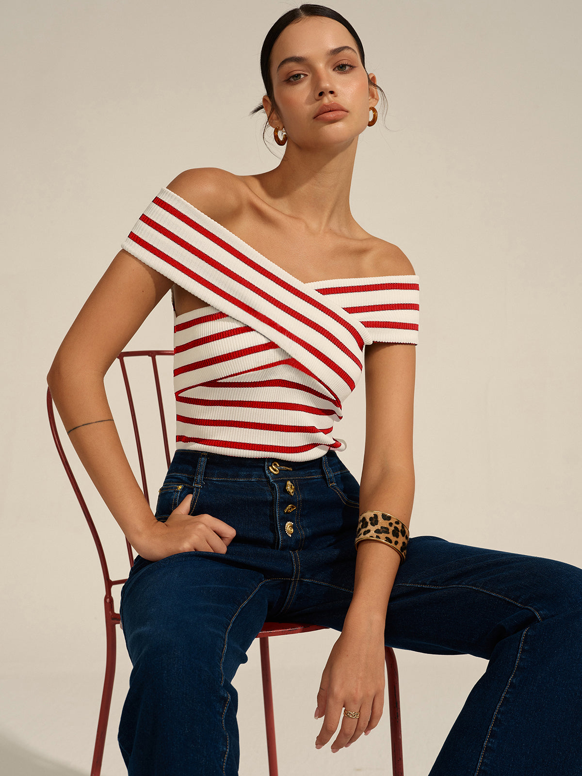 Mia - Striped Off-Shoulder Cross Knit Top