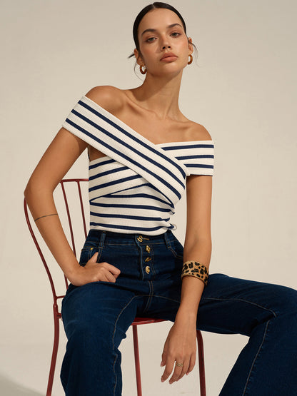 Mia - Striped Off-Shoulder Cross Knit Top