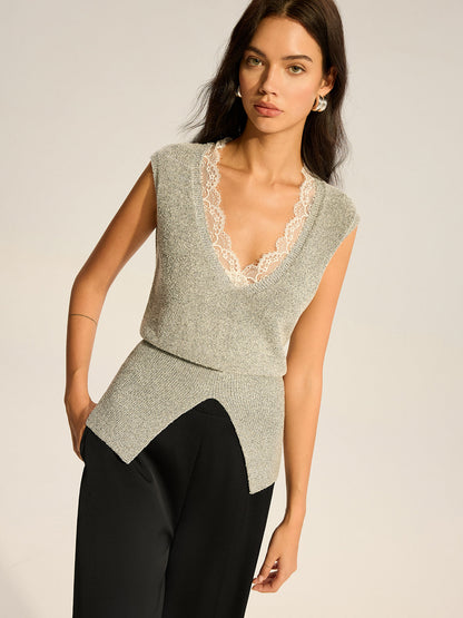 Emily - Trimmed Waist-Cinching Knitted Vest