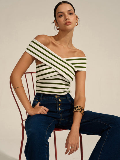 Mia - Striped Off-Shoulder Cross Knit Top